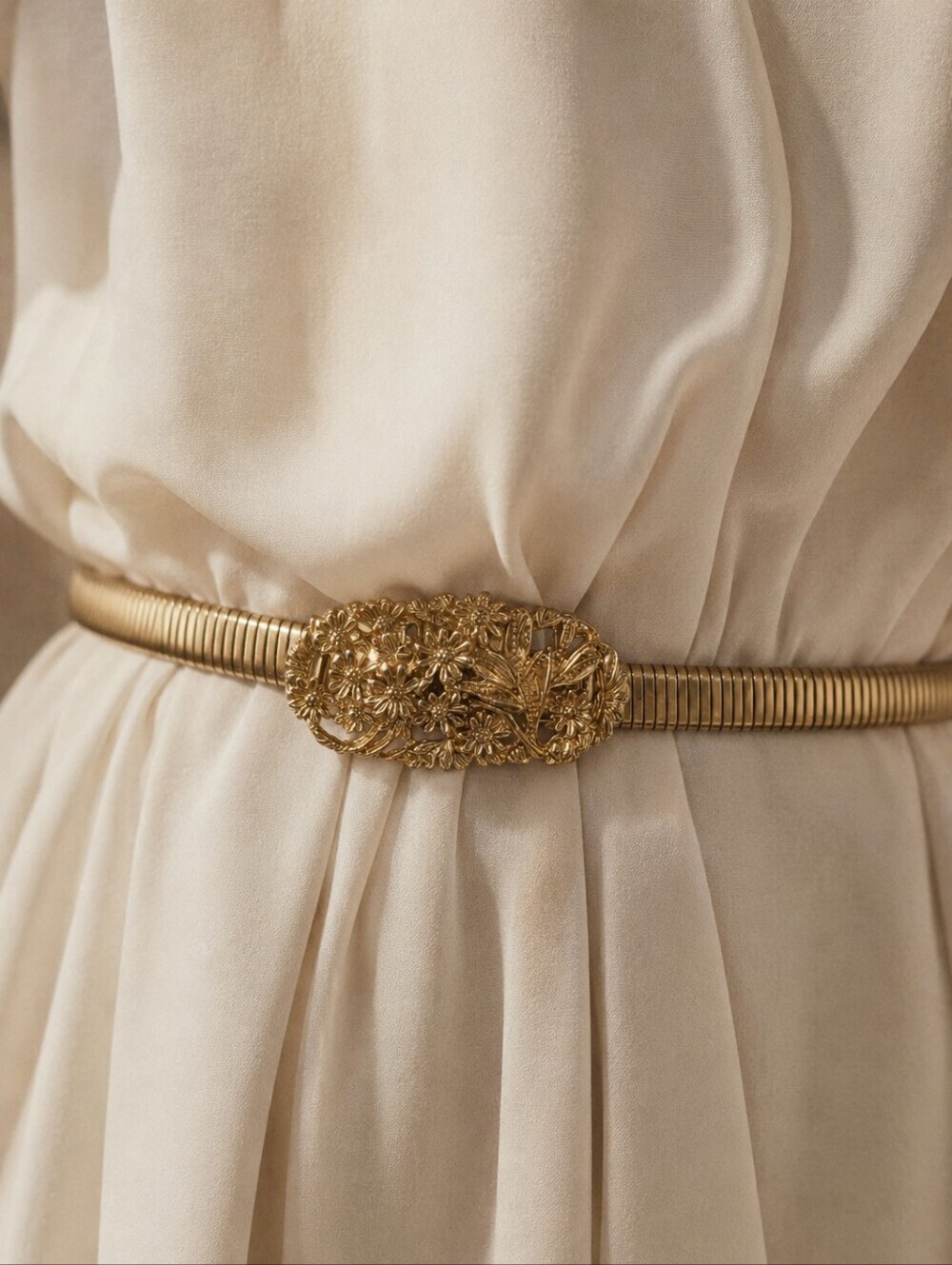 Vintage Gold Tone Stretch Snake Chain Belt Floral Filigree Buckle Boho Glam